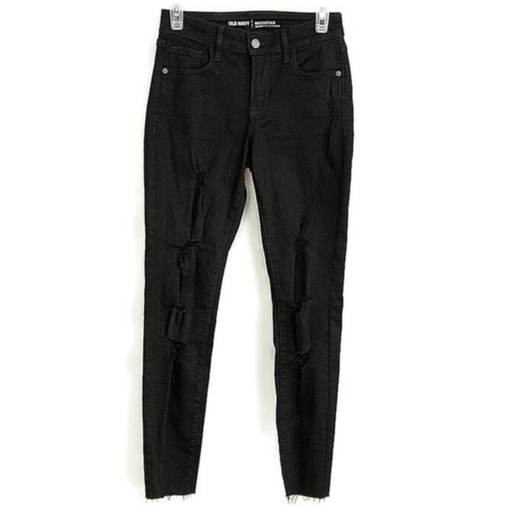Old Navy Rockstar Black Distressed Skinny Jeans Mid Rise sz 4